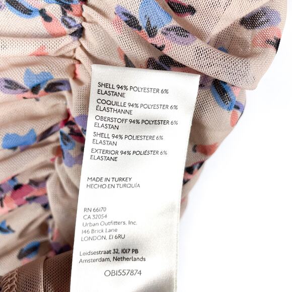 Free People Briella Dress Ruched Midi Tea Combo Floral Side Slit Puff Sleeve M - Picture 13 of 15